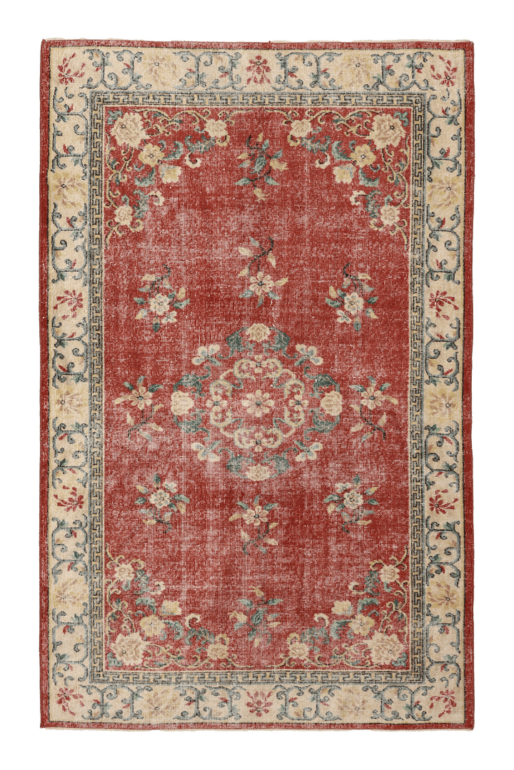 Vintage Isparta Turkish Area Rug 5x8 ft — Red & Beige Floral