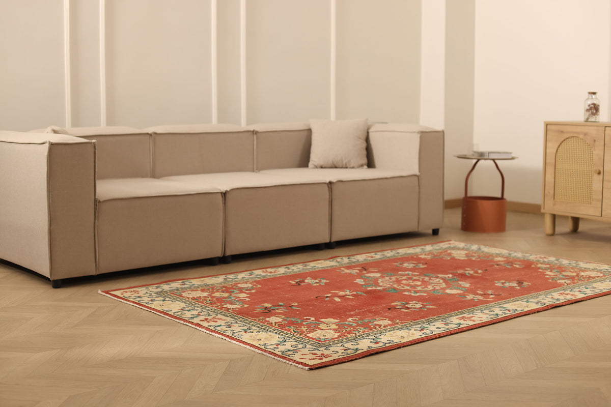 Vintage Isparta Turkish Area Rug 5x8 ft — Red & Beige Floral