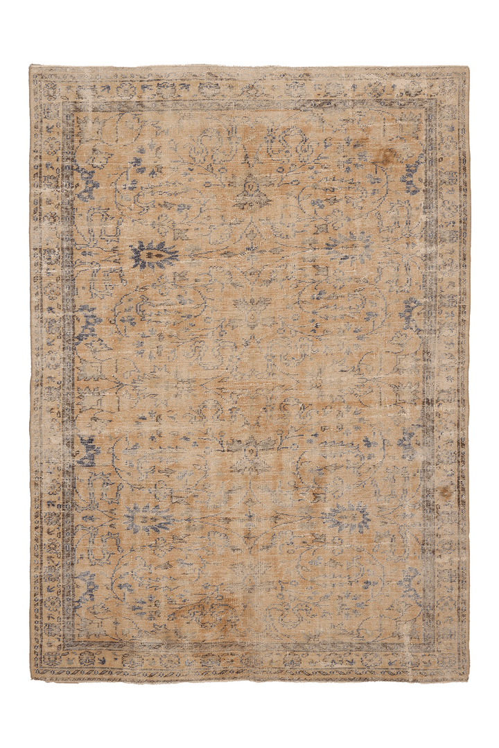 Vintage Manisa Turkish Area Rug 6x8 ft — Beige & Blue Distressed