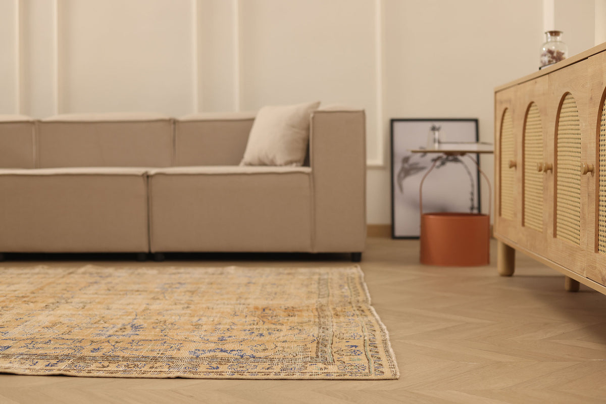 Vintage Manisa Turkish Area Rug 6x8 ft — Beige & Blue Distressed