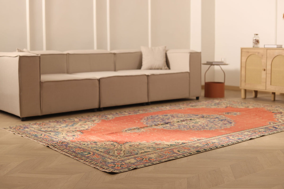 Vintage Manisa Turkish Area Rug 6x11 ft — Red & Blue Floral