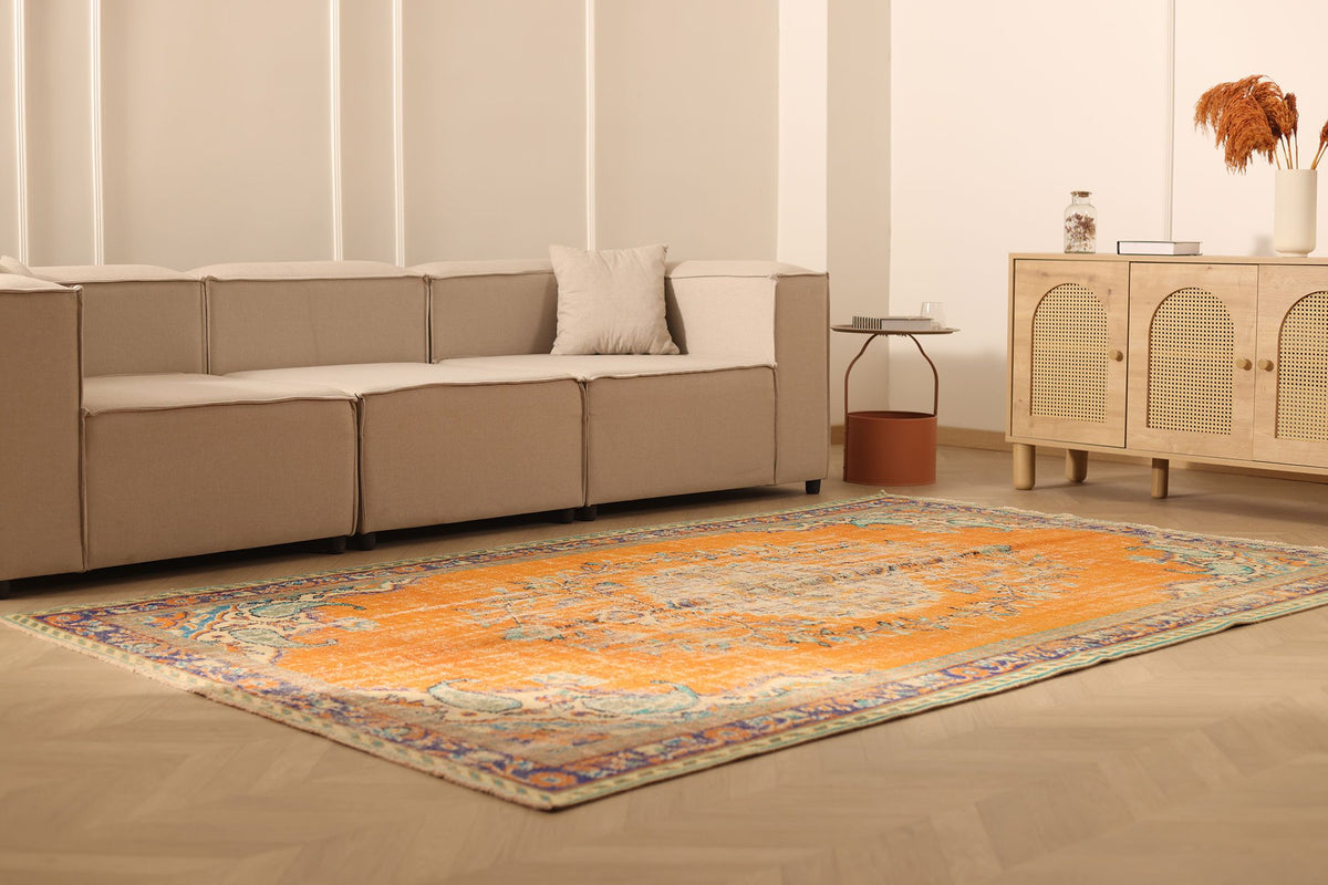 Vintage Manisa Turkish Area Rug 6x10 ft — Orange & Blue Floral