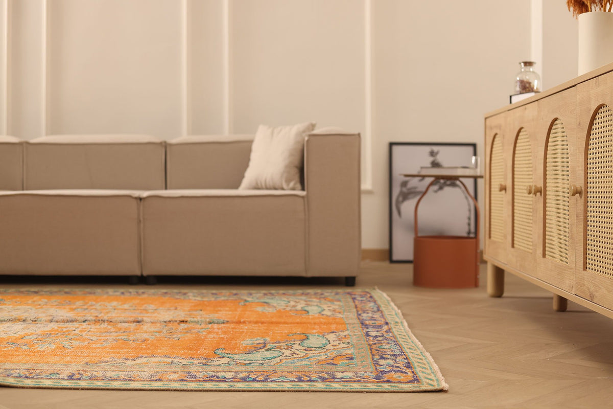 Vintage Manisa Turkish Area Rug 6x10 ft — Orange & Blue Floral