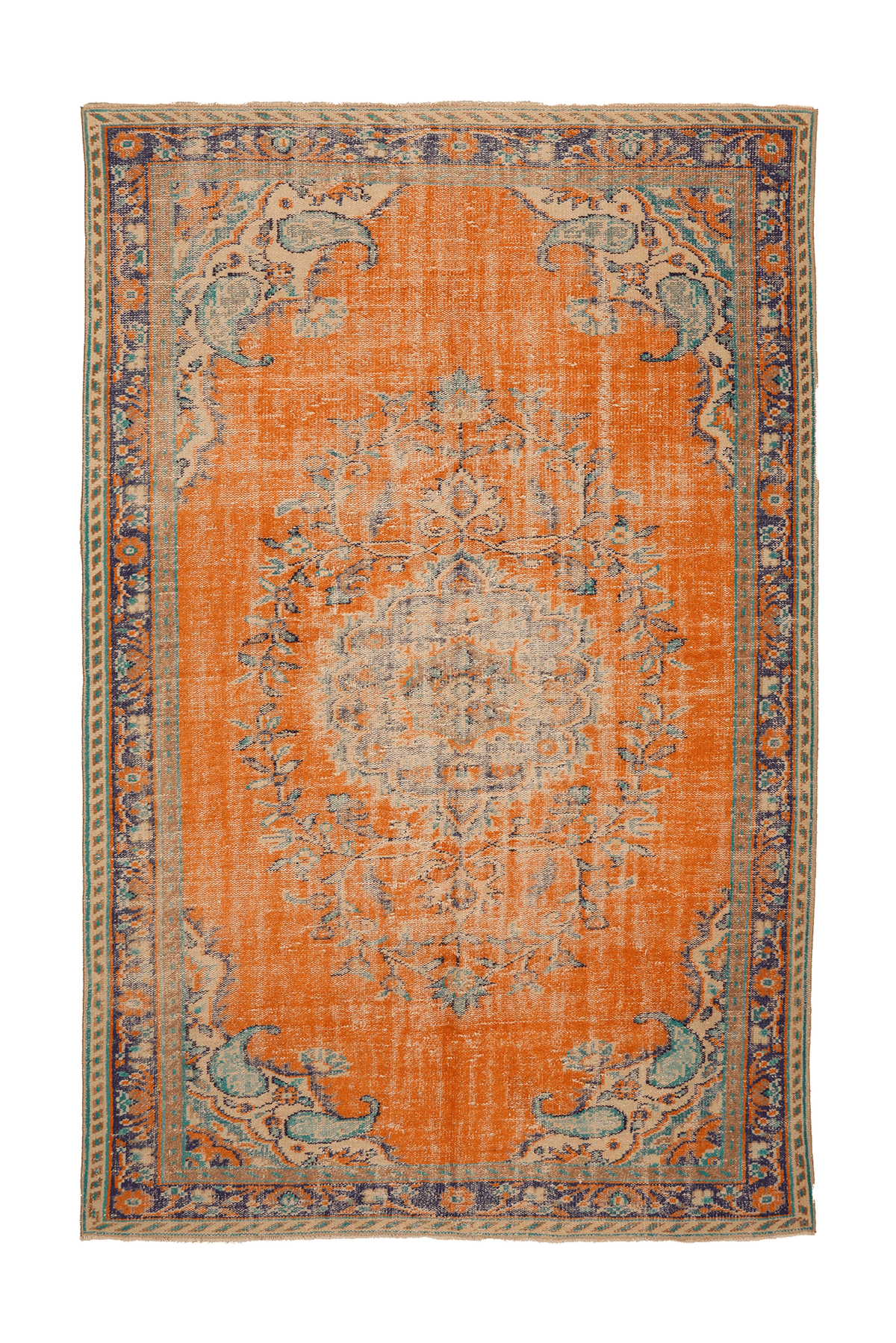Vintage Manisa Turkish Area Rug 6x10 ft — Orange & Blue Floral