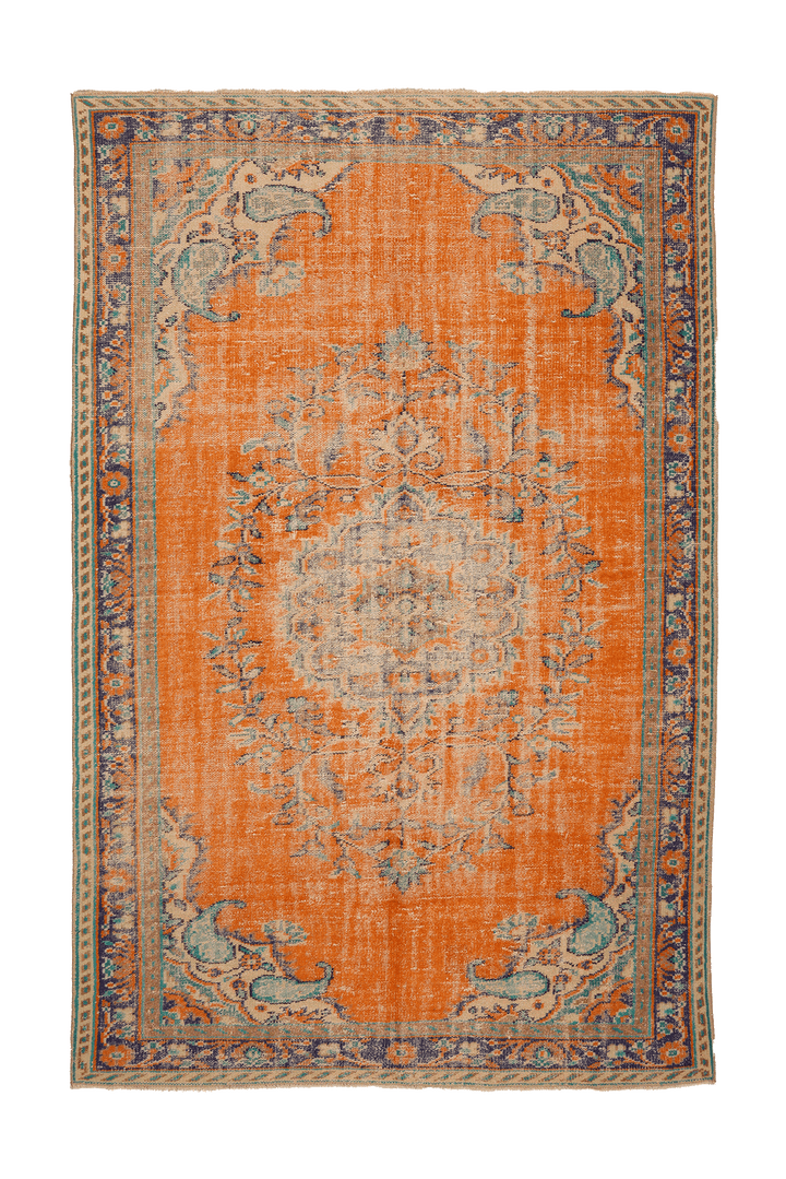 Vintage Manisa Turkish Area Rug 6x10 ft — Orange & Blue Floral