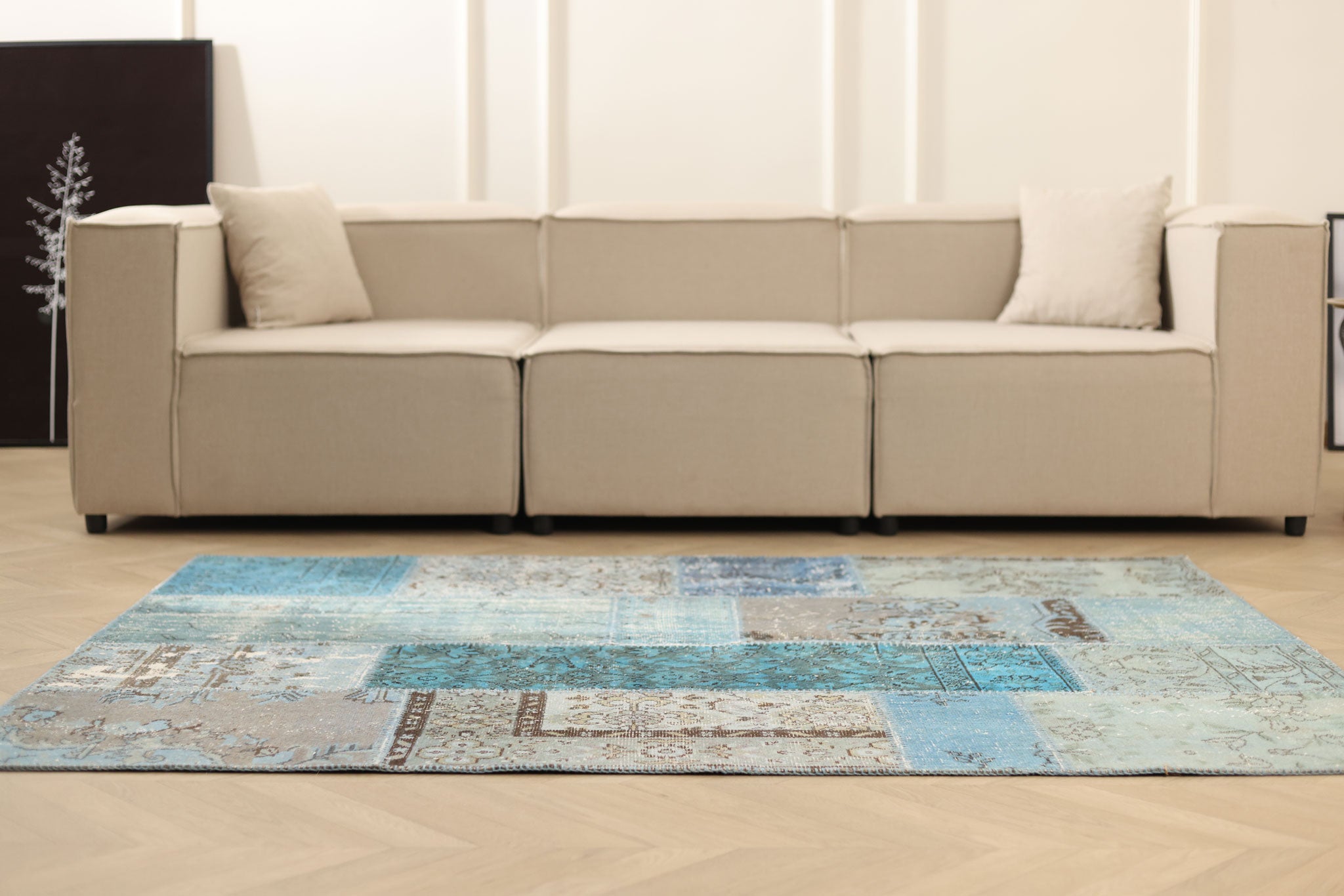 Vintage Turkish Area Rug 5x6 ft — Blue & Gray Patchwork
