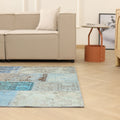 Vintage Turkish Area Rug 5x6 ft — Blue & Gray Patchwork