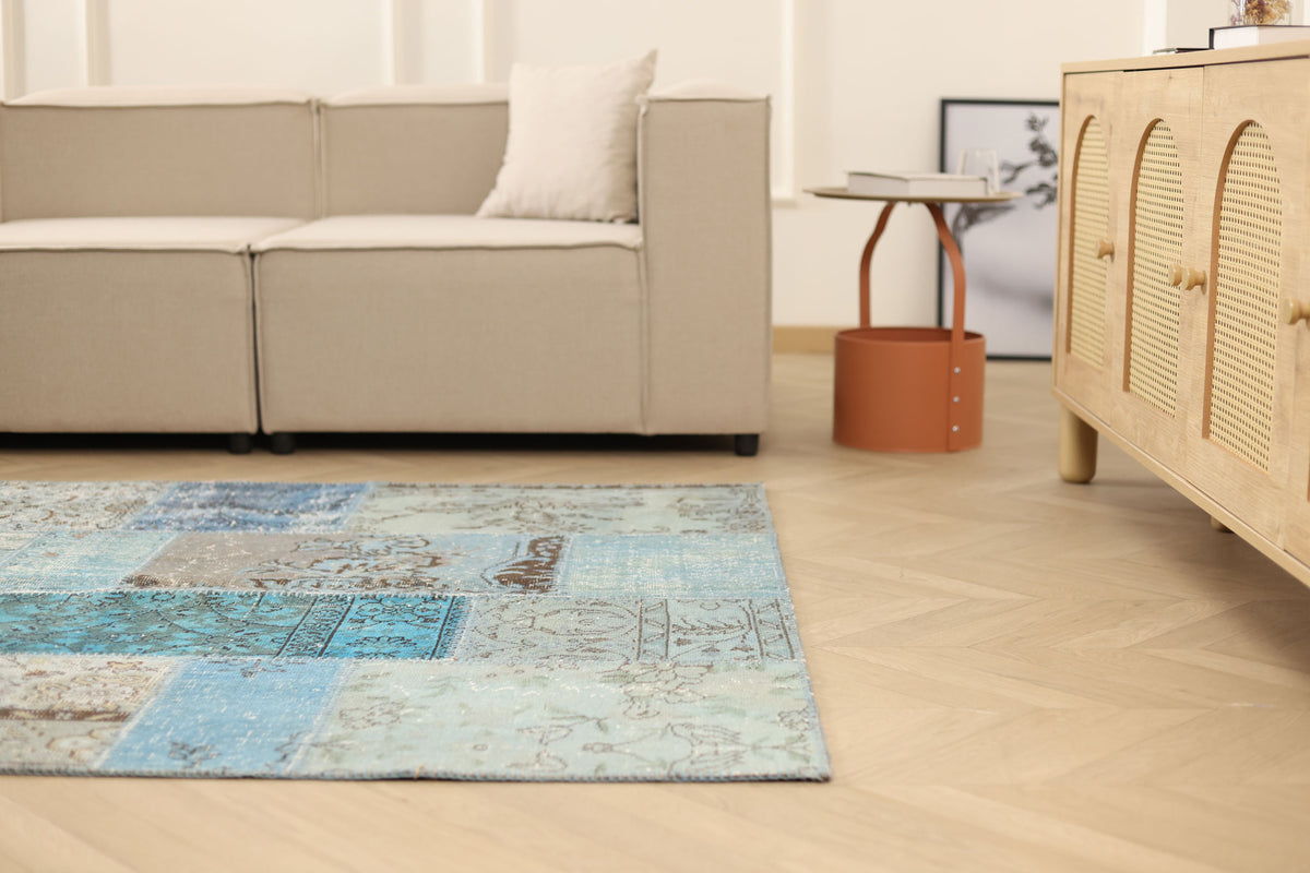 Vintage Turkish Area Rug 5x6 ft — Blue & Gray Patchwork