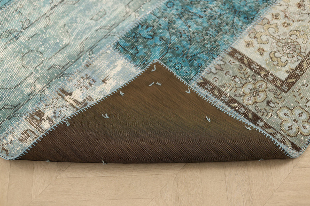 Vintage Turkish Area Rug 5x6 ft — Blue & Gray Patchwork