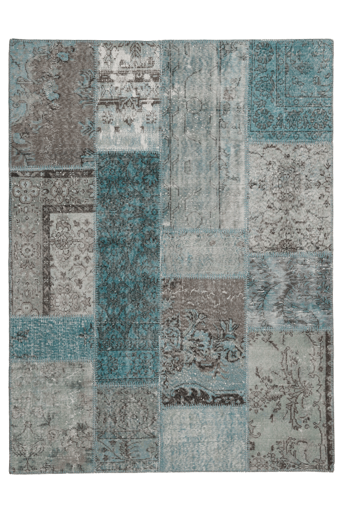 Vintage Turkish Area Rug 5x6 ft — Blue & Gray Patchwork