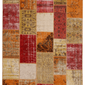 Vintage 6x7 ft patchwork area rug in yellow and red, handmade from overdyed wool and cotton with bohemian Anatolian patterns.