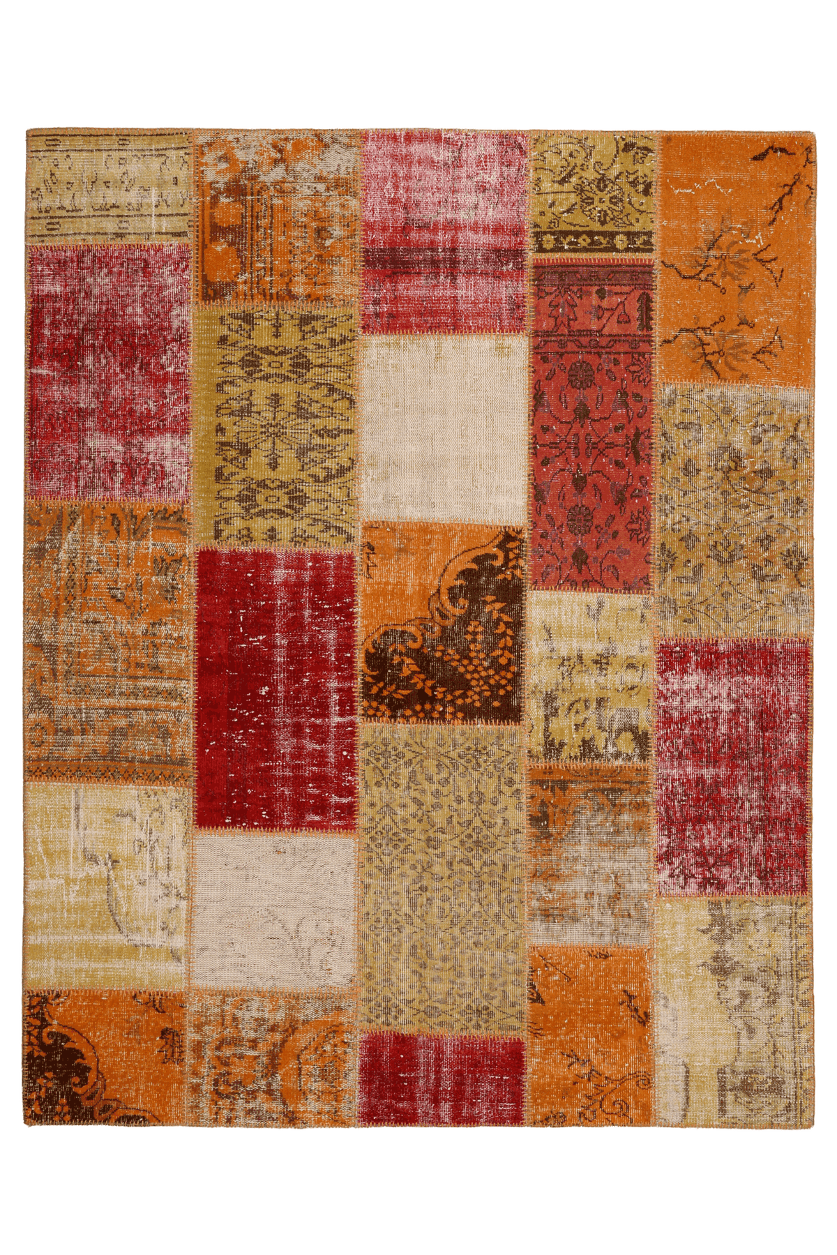 Vintage 6x7 ft patchwork area rug in yellow and red, handmade from overdyed wool and cotton with bohemian Anatolian patterns.