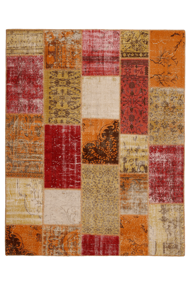 Vintage 6x7 ft patchwork area rug in yellow and red, handmade from overdyed wool and cotton with bohemian Anatolian patterns.