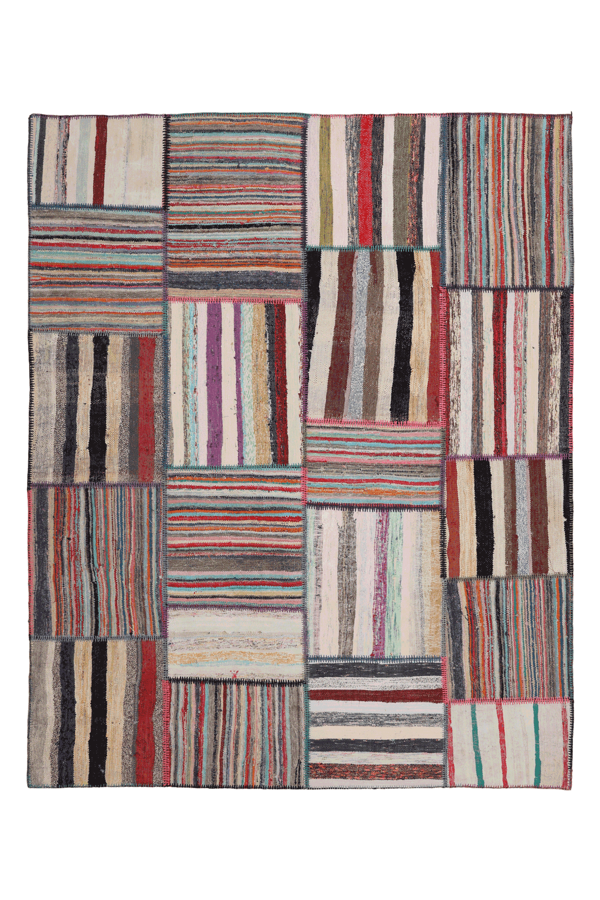 Handmade 6x8 ft vintage Turkish patchwork area rug featuring a colorful mix of striped wool and cotton flatweave patterns.