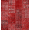 5x7 ft handmade red patchwork Turkish rug in wool and cotton with overdyed bohemian patterns and vintage texture.