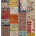 5x7 ft handmade patchwork Turkish area rug in wool and cotton with vibrant, multicolored geometric vintage patterns.