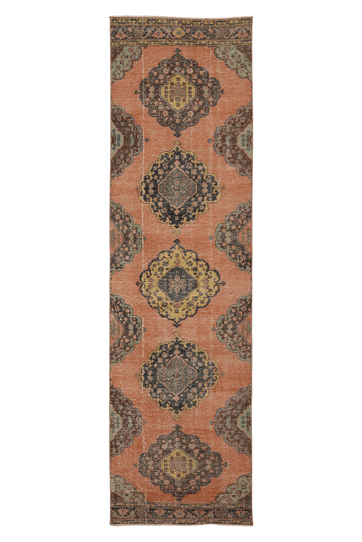 Vintage Konya Turkish Runner Rug 3x12 ft — Orange & Brown Floral (No. 39159)