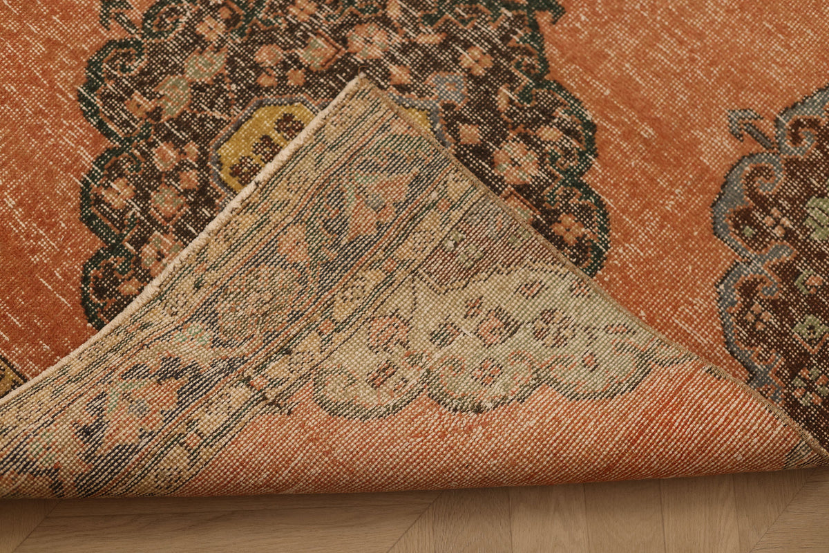 Vintage Konya Turkish Runner Rug 3x12 ft — Orange & Brown Floral (No. 39159)