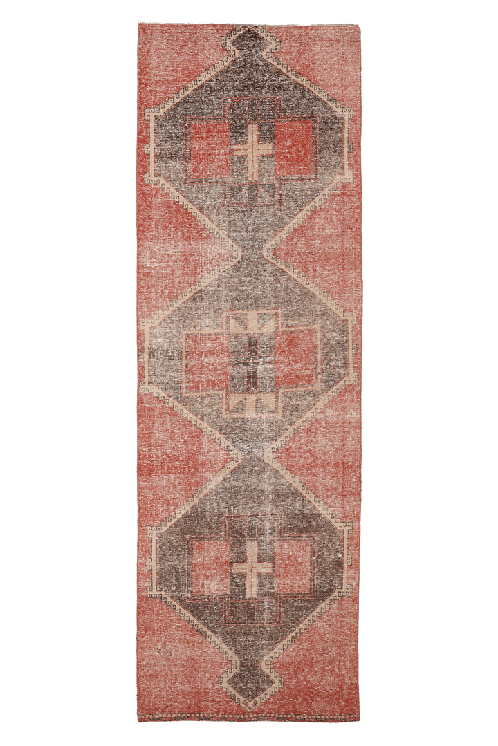 Vintage Malatya Turkish Runner Rug 3x11 ft — Red & Gray Geometric