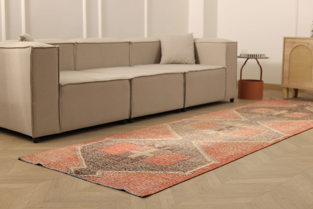 Vintage Malatya Turkish Runner Rug 3x11 ft — Red & Gray Geometric