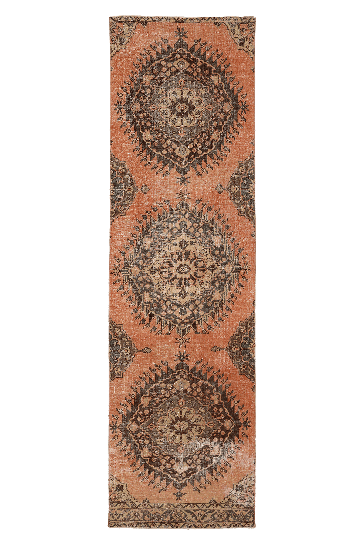 Vintage Konya Turkish Runner Rug 3x12 ft — Orange & Brown Geometric