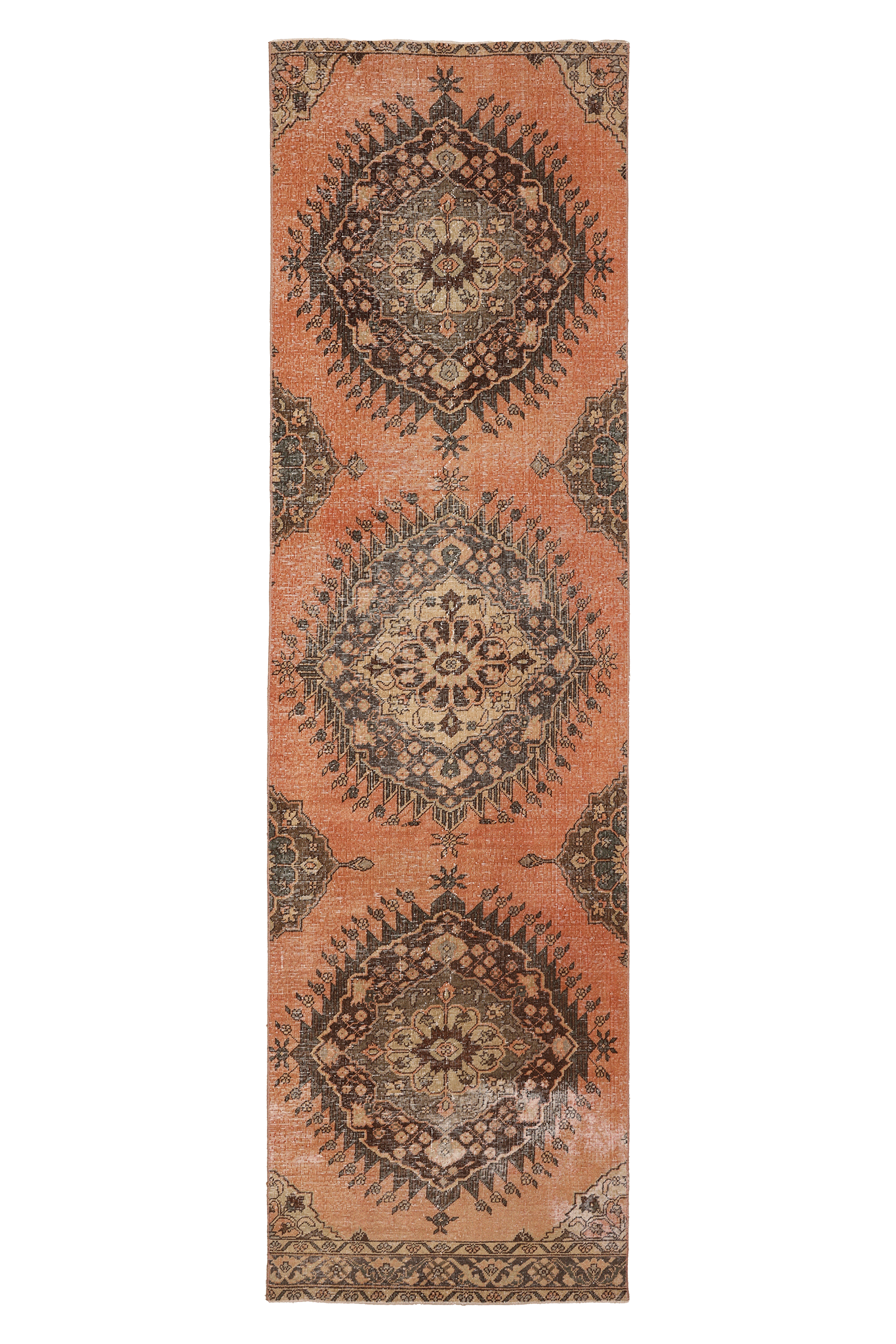Vintage Konya Turkish Runner Rug 3x12 ft — Orange & Brown Geometric