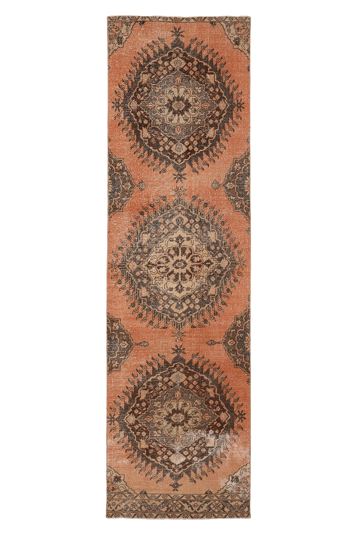 Vintage Konya Turkish Runner Rug 3x12 ft — Orange & Brown Geometric
