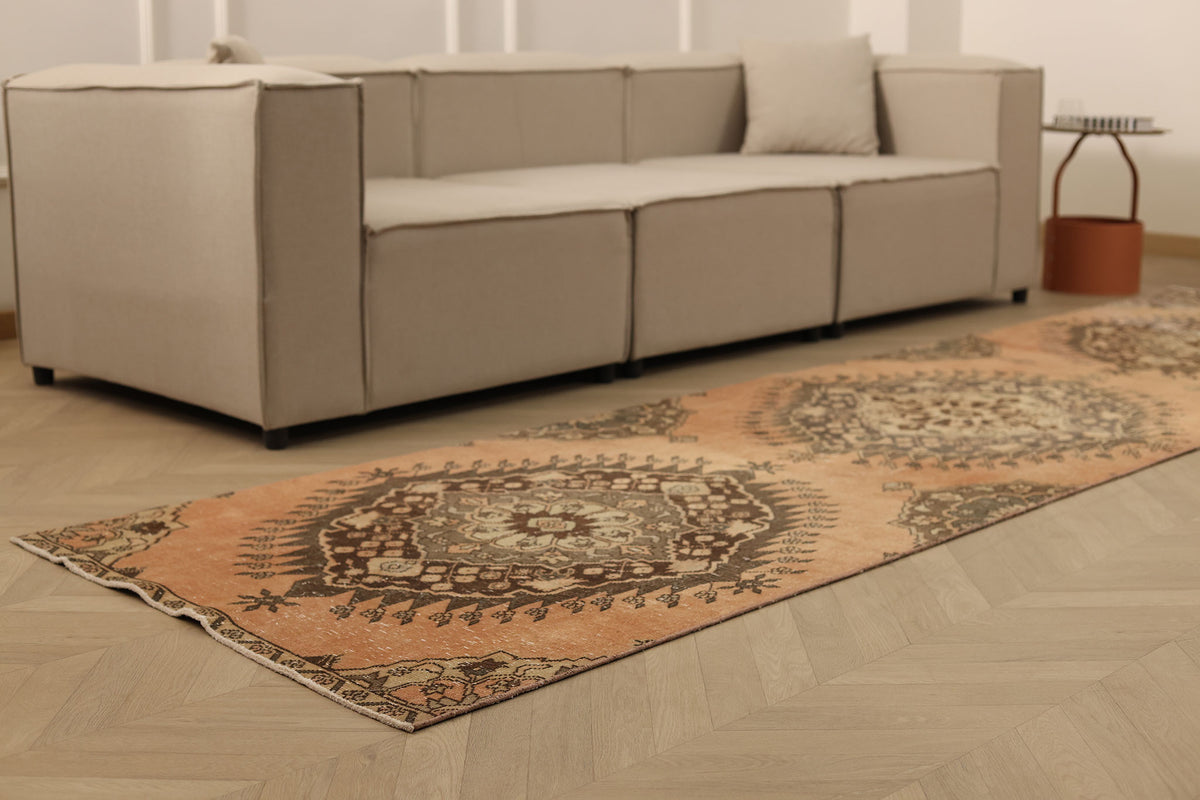 Vintage Konya Turkish Runner Rug 3x12 ft — Orange & Brown Geometric