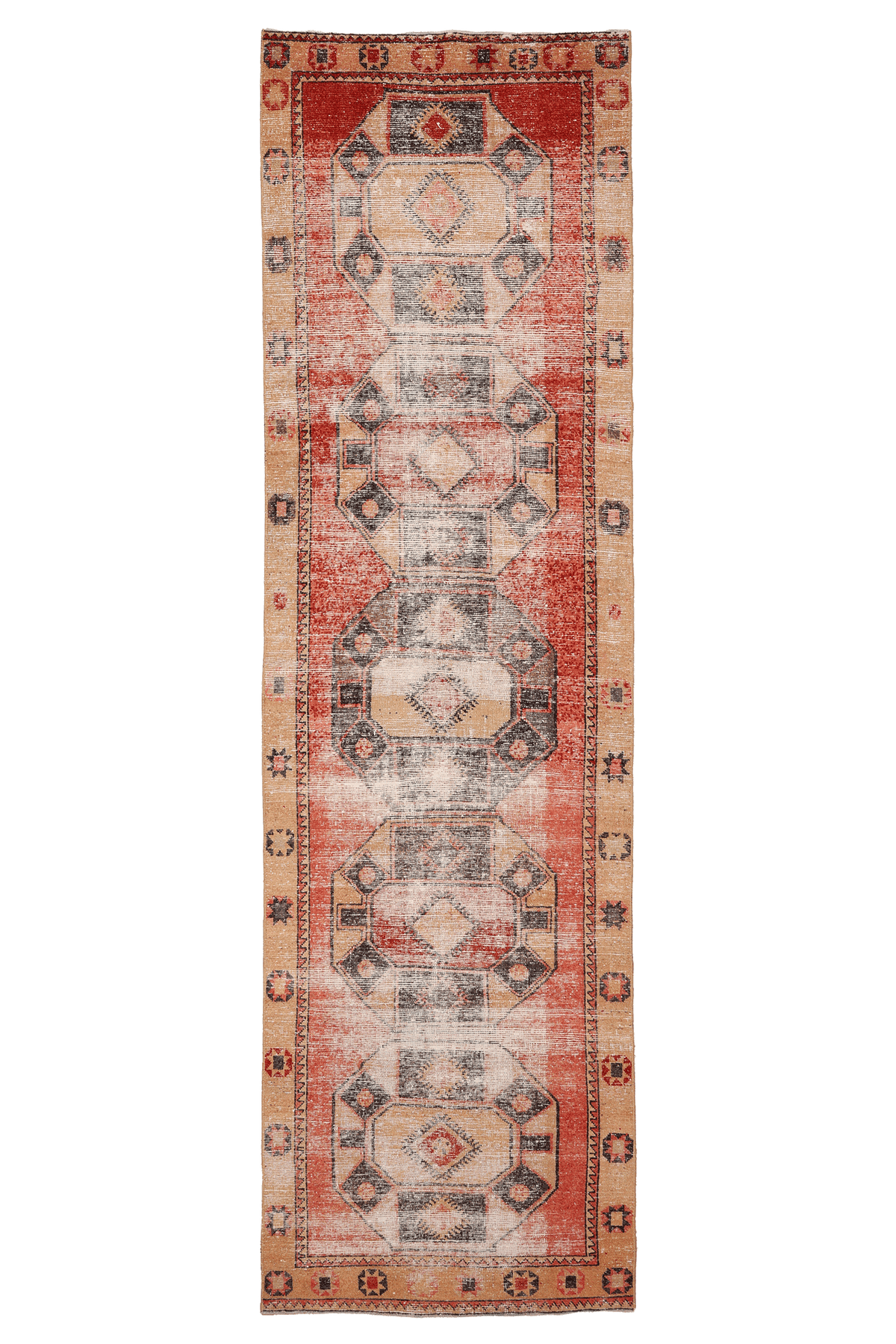 Vintage Malatya Turkish Runner Rug 3x12 ft — Red & Beige Distressed
