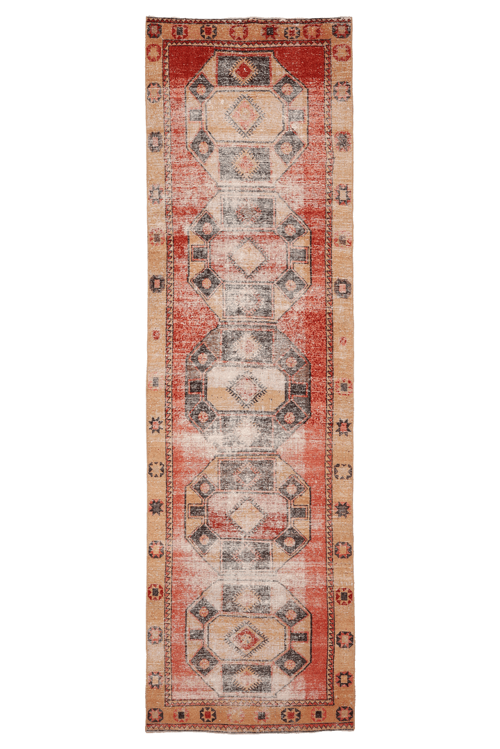 Vintage Malatya Turkish Runner Rug 3x12 ft — Red & Beige Distressed