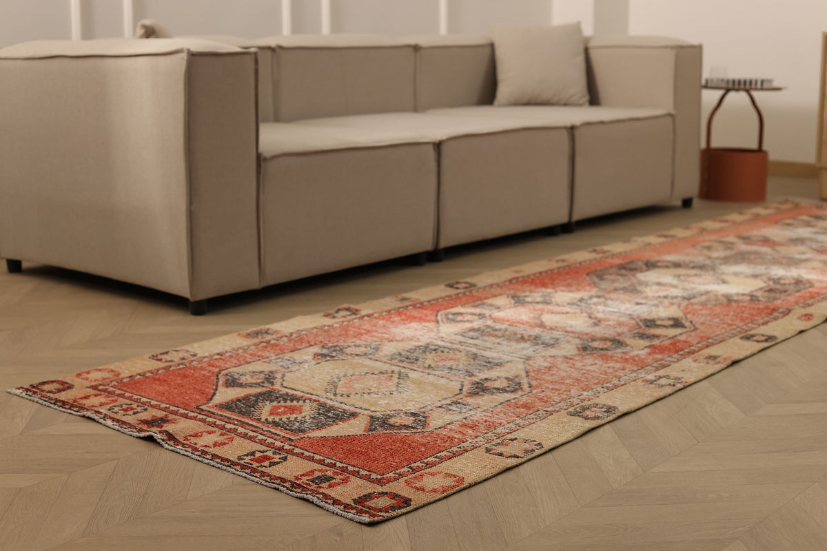 Vintage Malatya Turkish Runner Rug 3x12 ft — Red & Beige Distressed