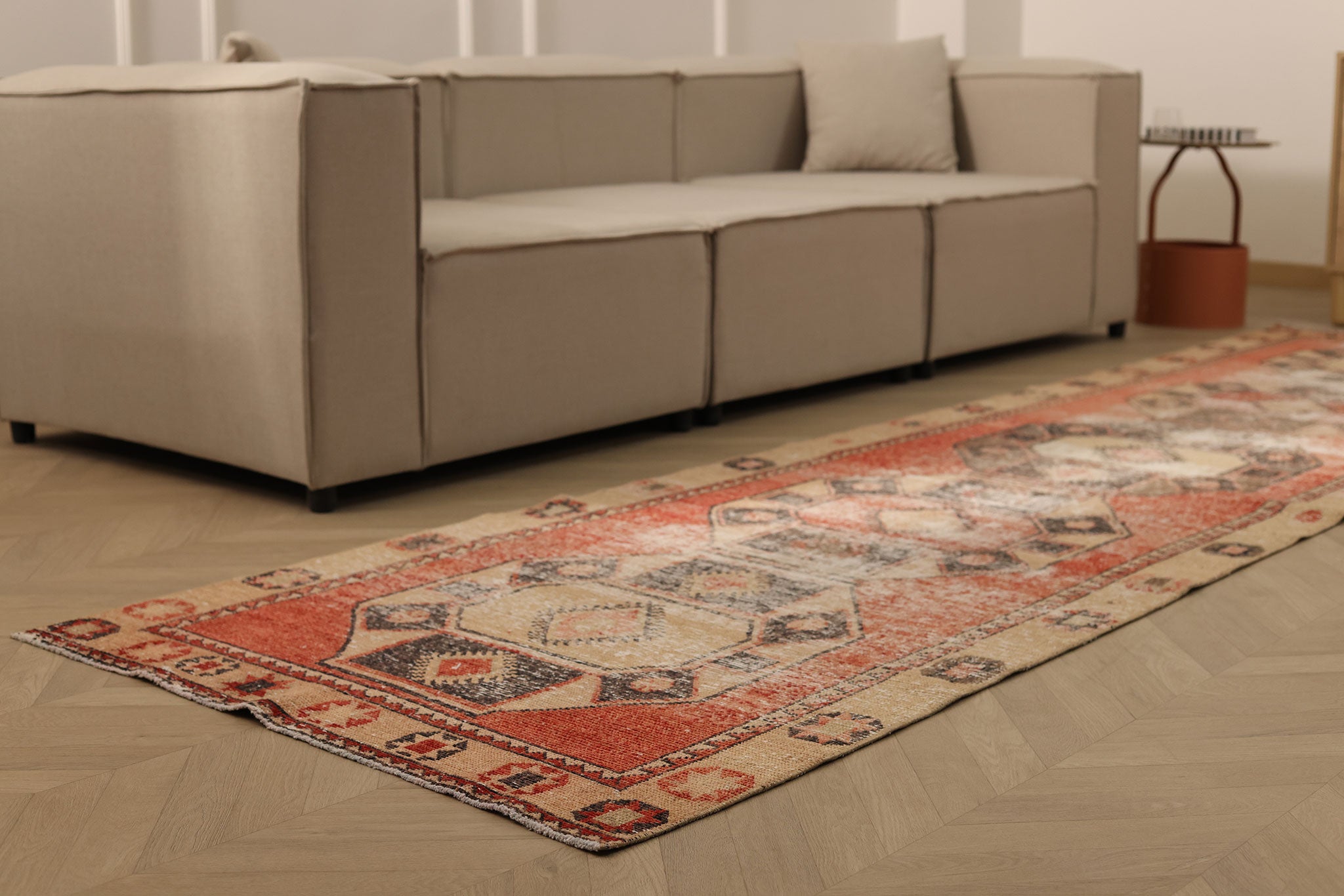 Vintage Malatya Turkish Runner Rug 3x12 ft — Red & Beige Distressed