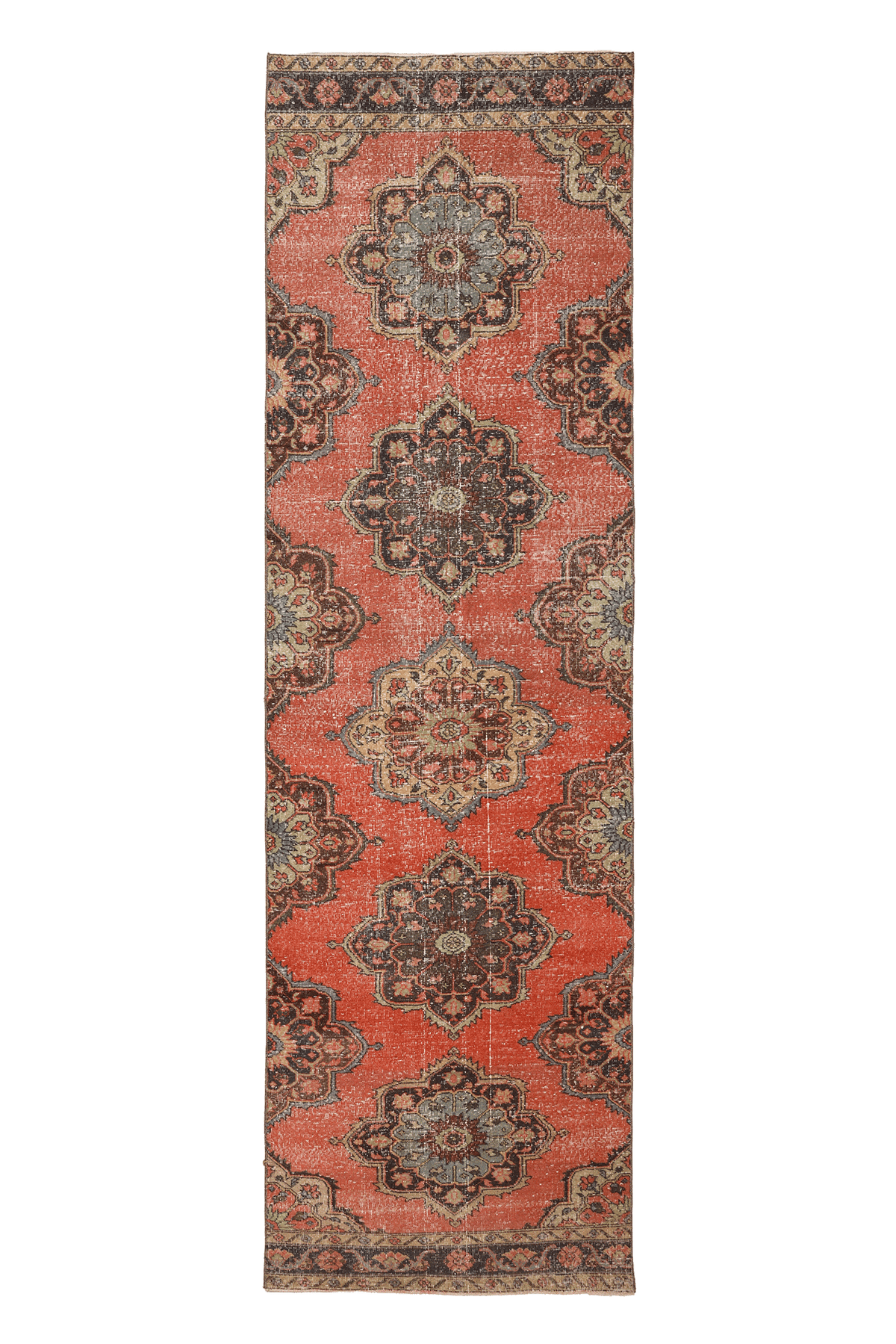 Vintage Konya Turkish Runner Rug 3x11 ft — Red & Brown Floral
