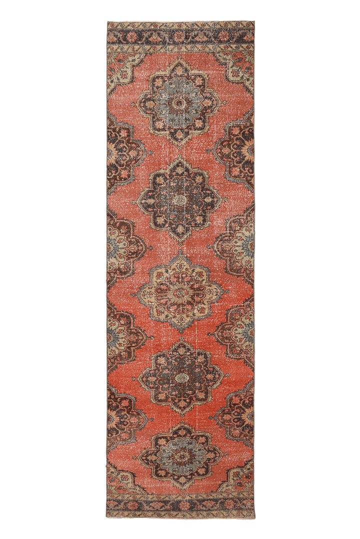 Vintage Konya Turkish Runner Rug 3x11 ft — Red & Brown Floral