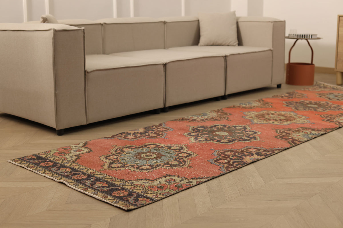 Vintage Konya Turkish Runner Rug 3x11 ft — Red & Brown Floral