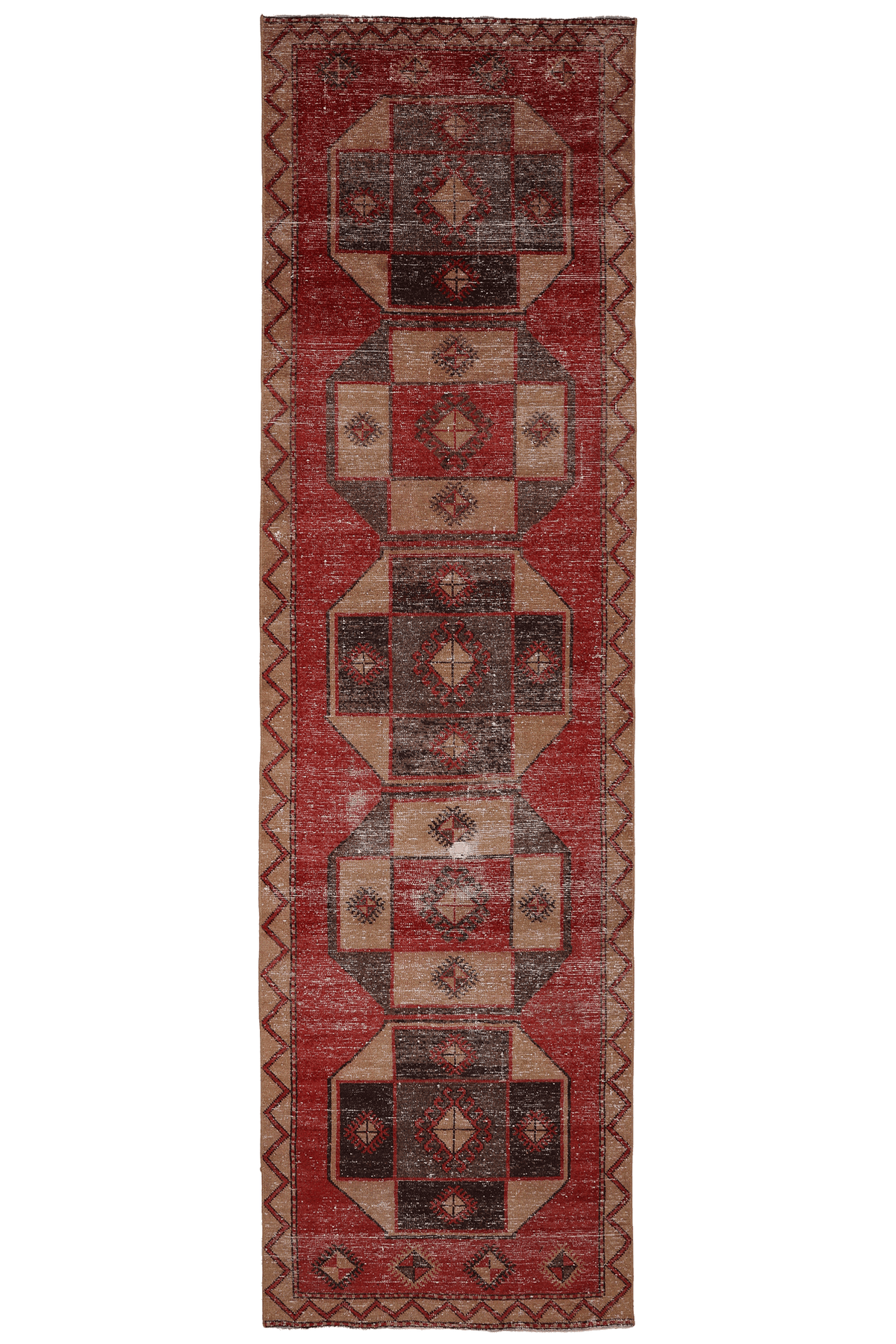 Vintage Malatya Turkish Runner Rug 3x13 ft — Red & Brown Geometric