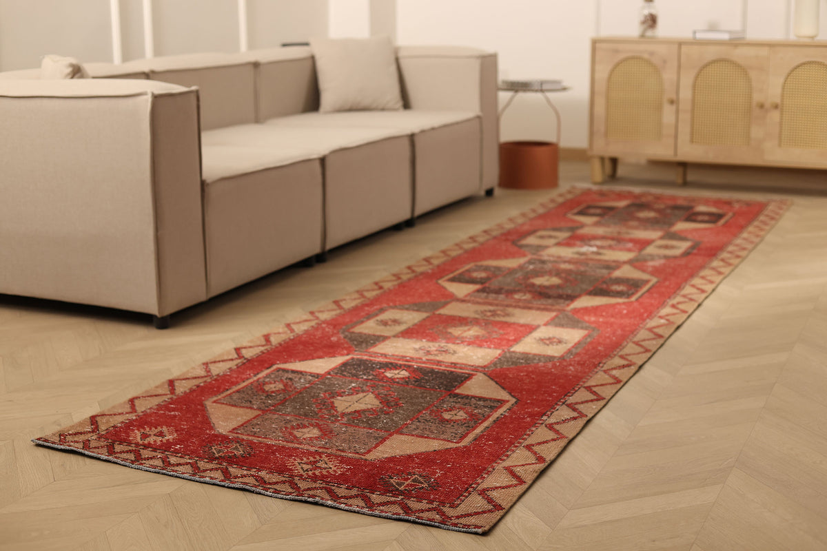 Vintage Malatya Turkish Runner Rug 3x13 ft — Red & Brown Geometric