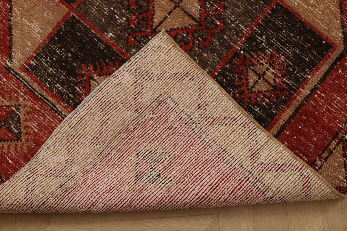 Vintage Malatya Turkish Runner Rug 3x13 ft — Red & Brown Geometric