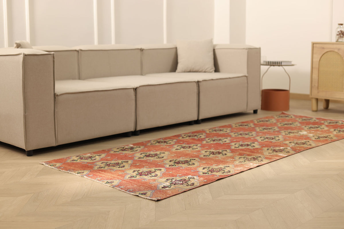 Vintage Malatya Turkish Runner Rug 3x9 ft — Red & Beige Geometric