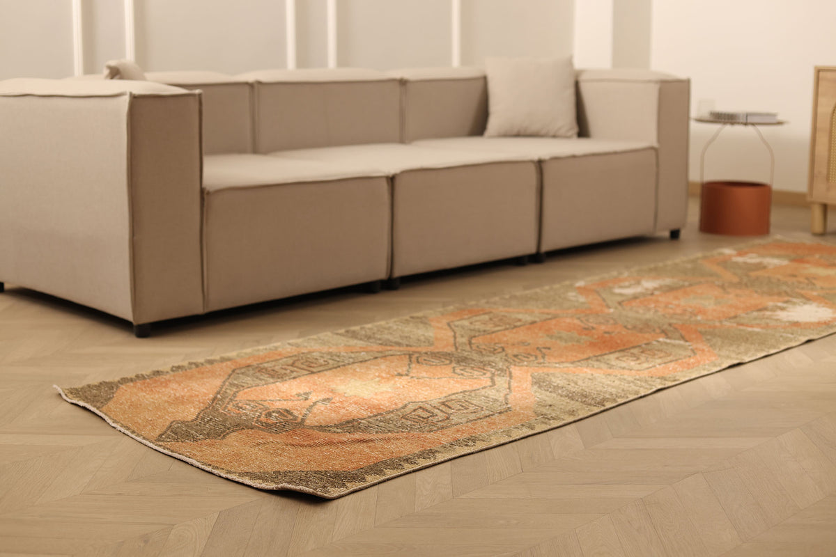 Vintage Malatya Turkish Runner Rug 3x11 ft — Orange & Brown Distressed