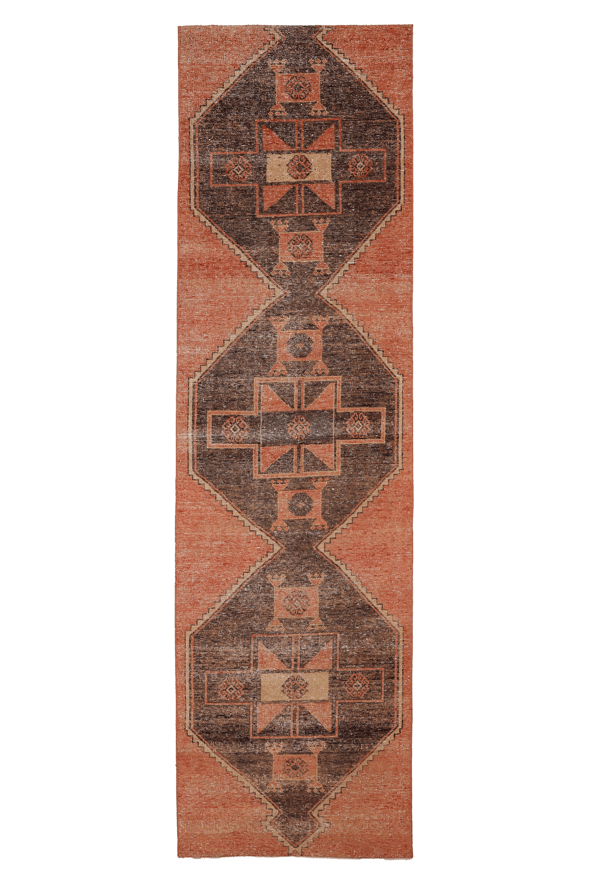 Vintage Malatya Turkish Runner Rug 3x11 ft — Orange & Brown Geometric (No. 39205)