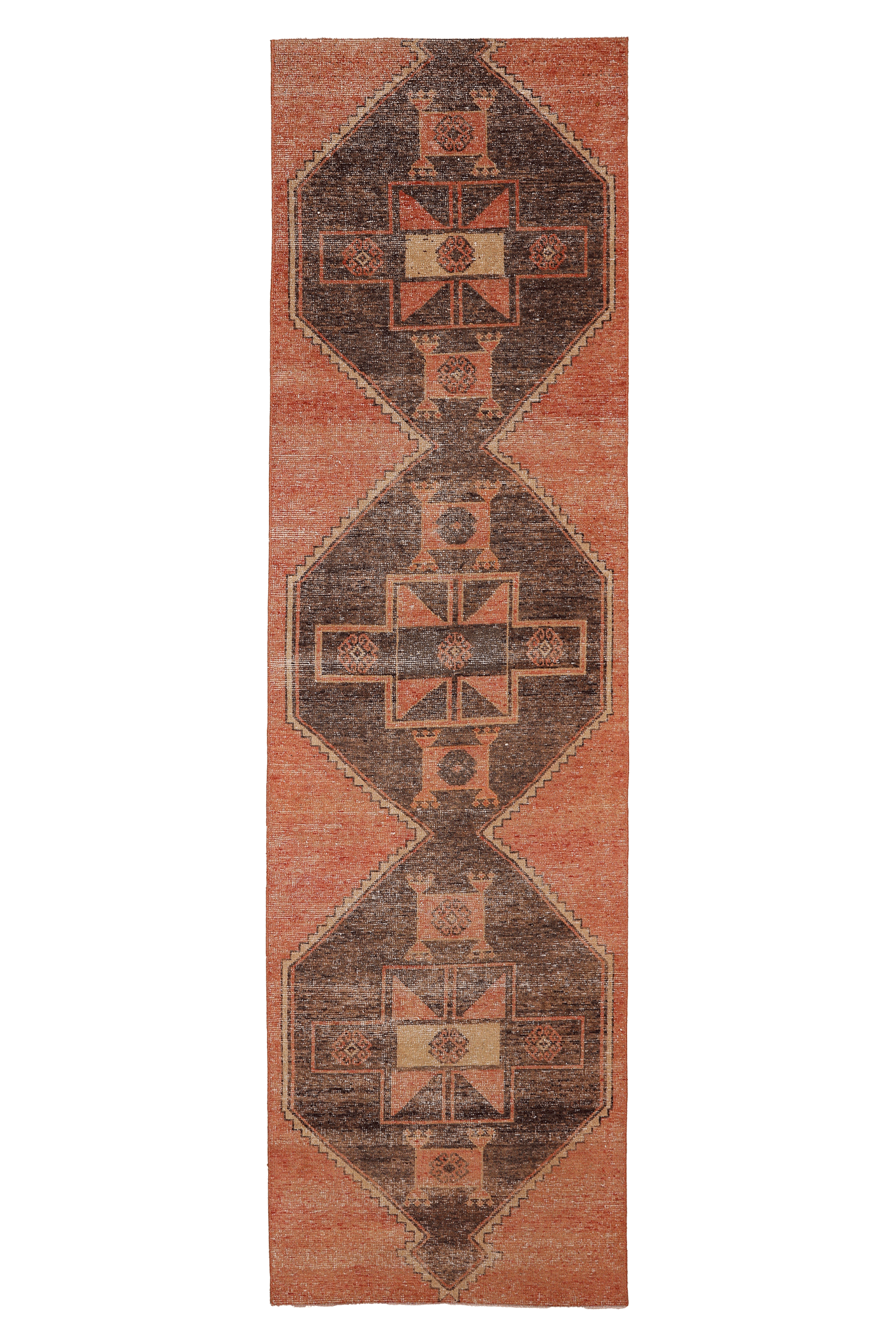 Vintage Malatya Turkish Runner Rug 3x11 ft — Orange & Brown Geometric (No. 39205)