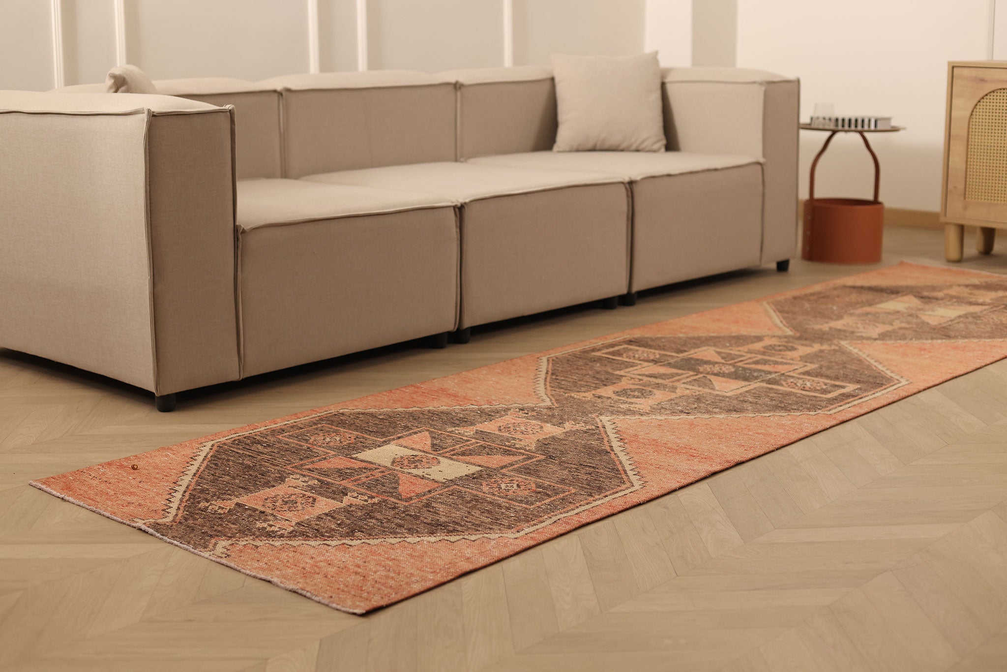 Vintage Malatya Turkish Runner Rug 3x11 ft — Orange & Brown Geometric (No. 39205)