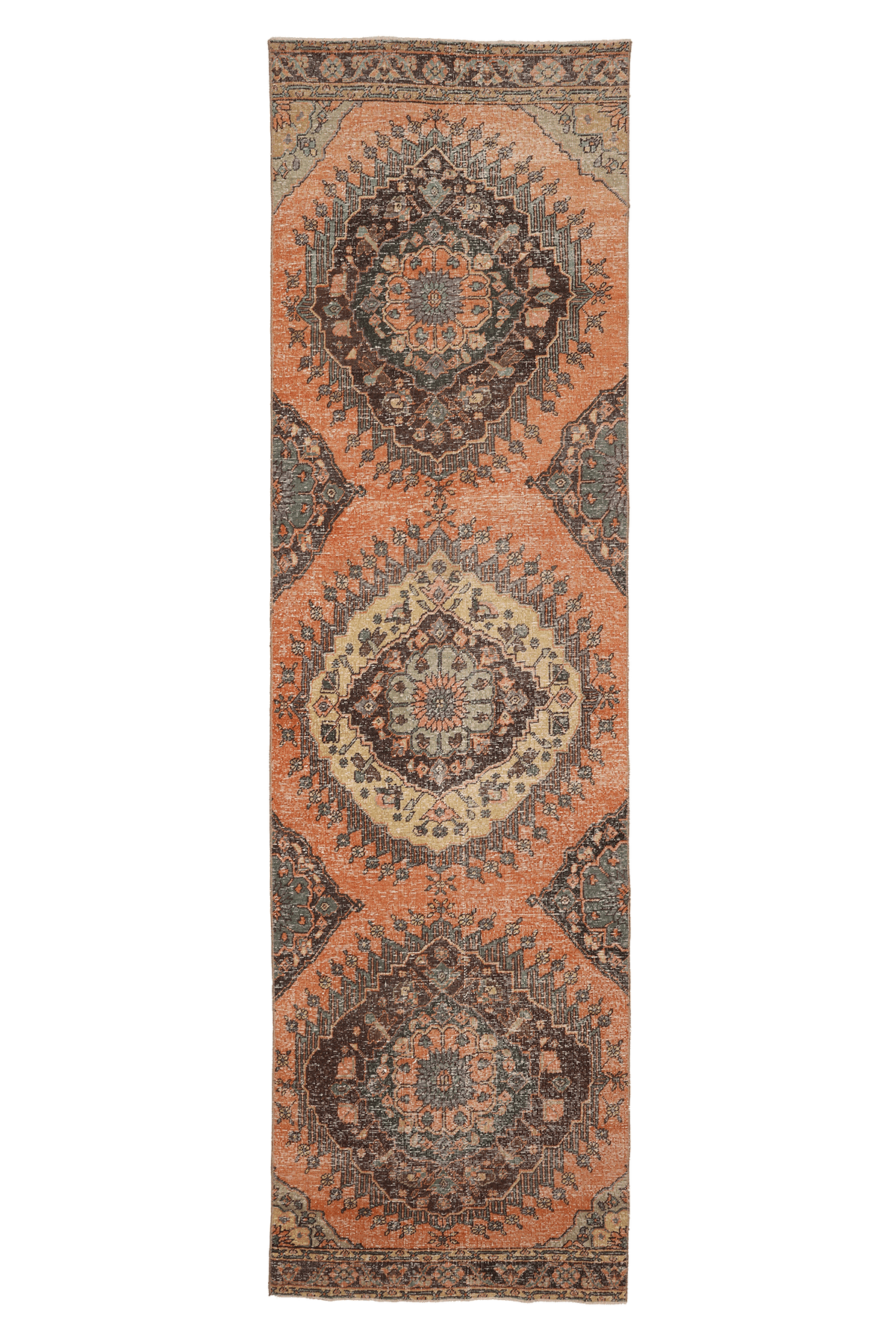 Vintage Konya Turkish Runner Rug 3x13 ft — Orange & Brown Geometric