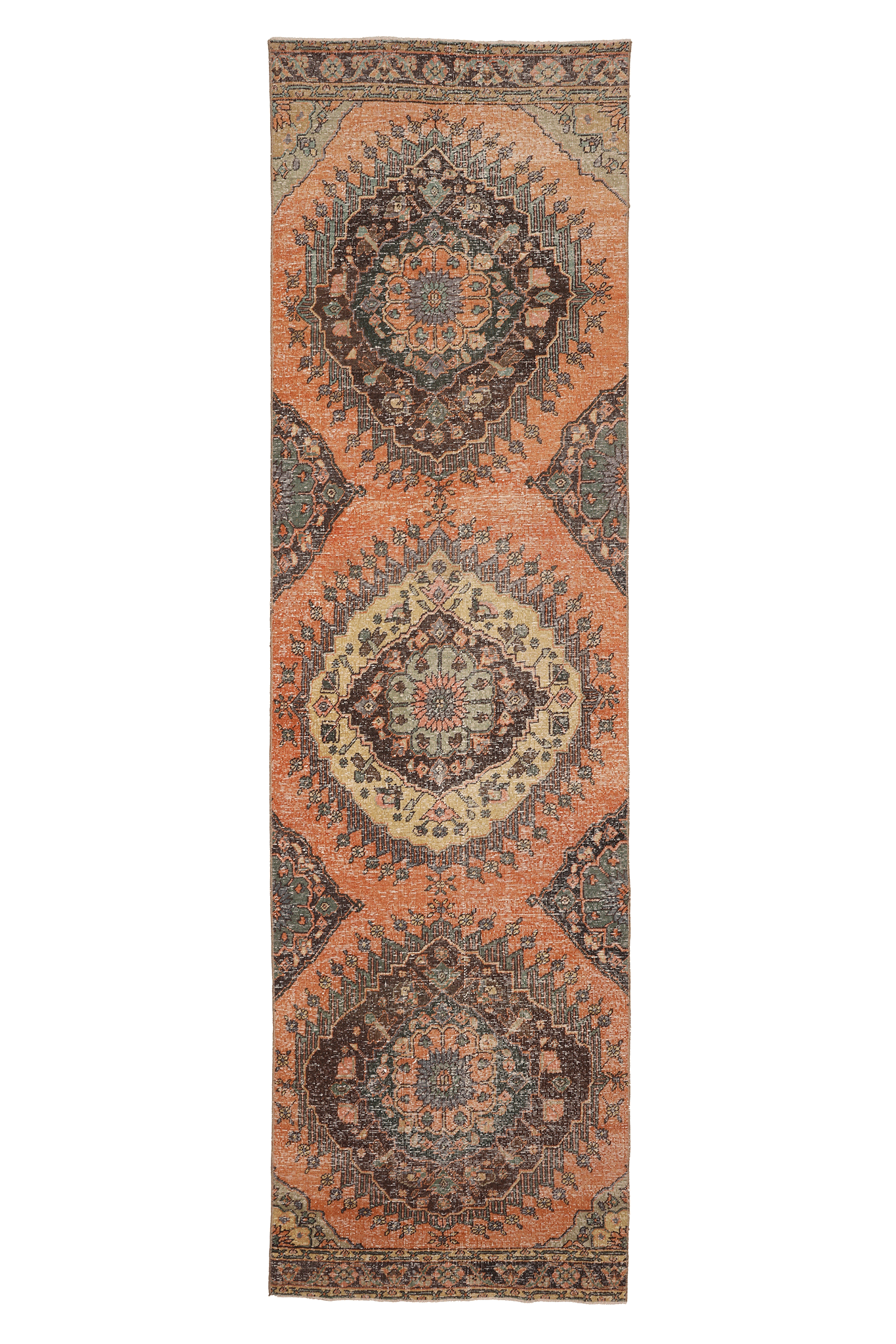 Vintage Konya Turkish Runner Rug 3x13 ft — Orange & Brown Geometric