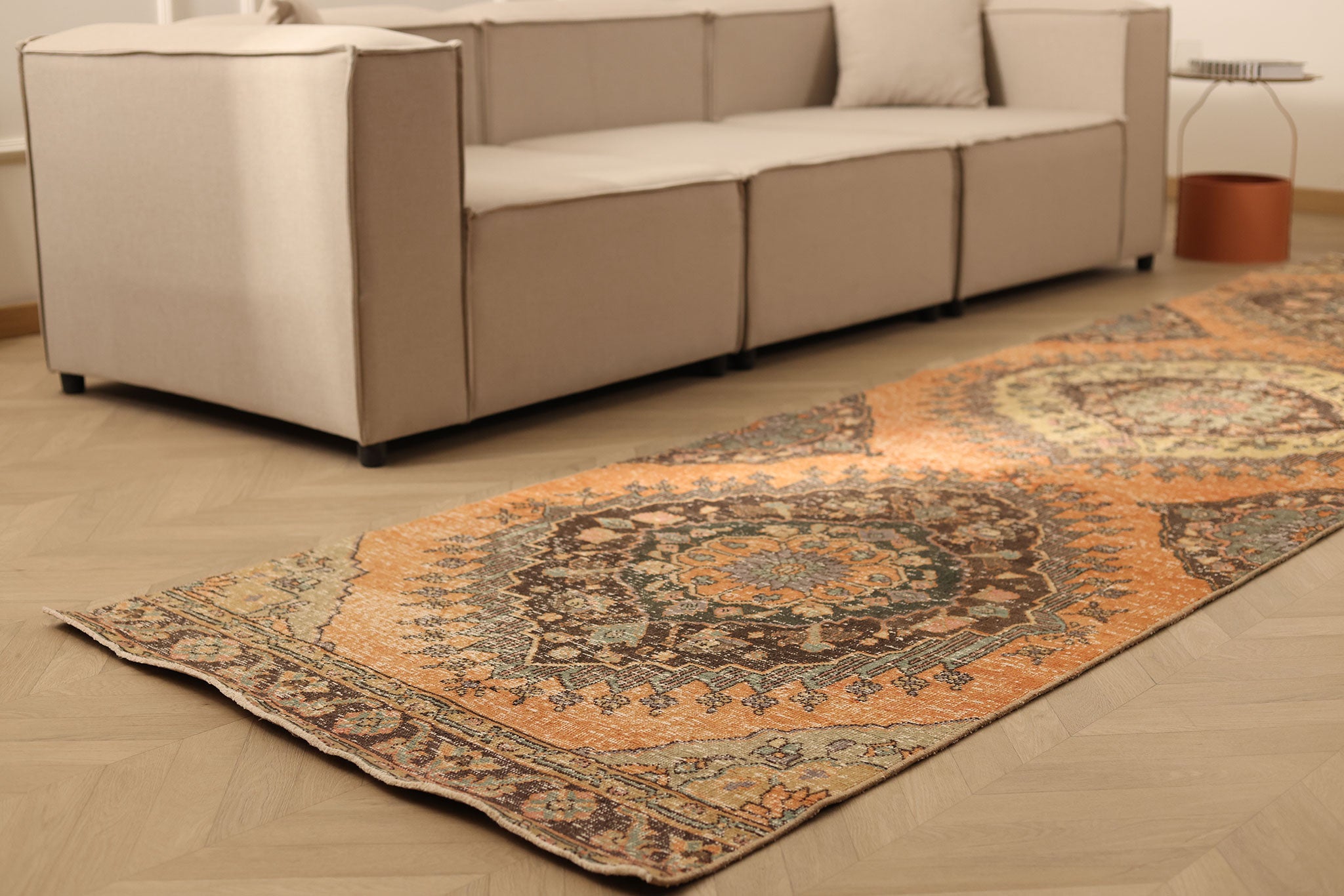 Vintage Konya Turkish Runner Rug 3x13 ft — Orange & Brown Geometric