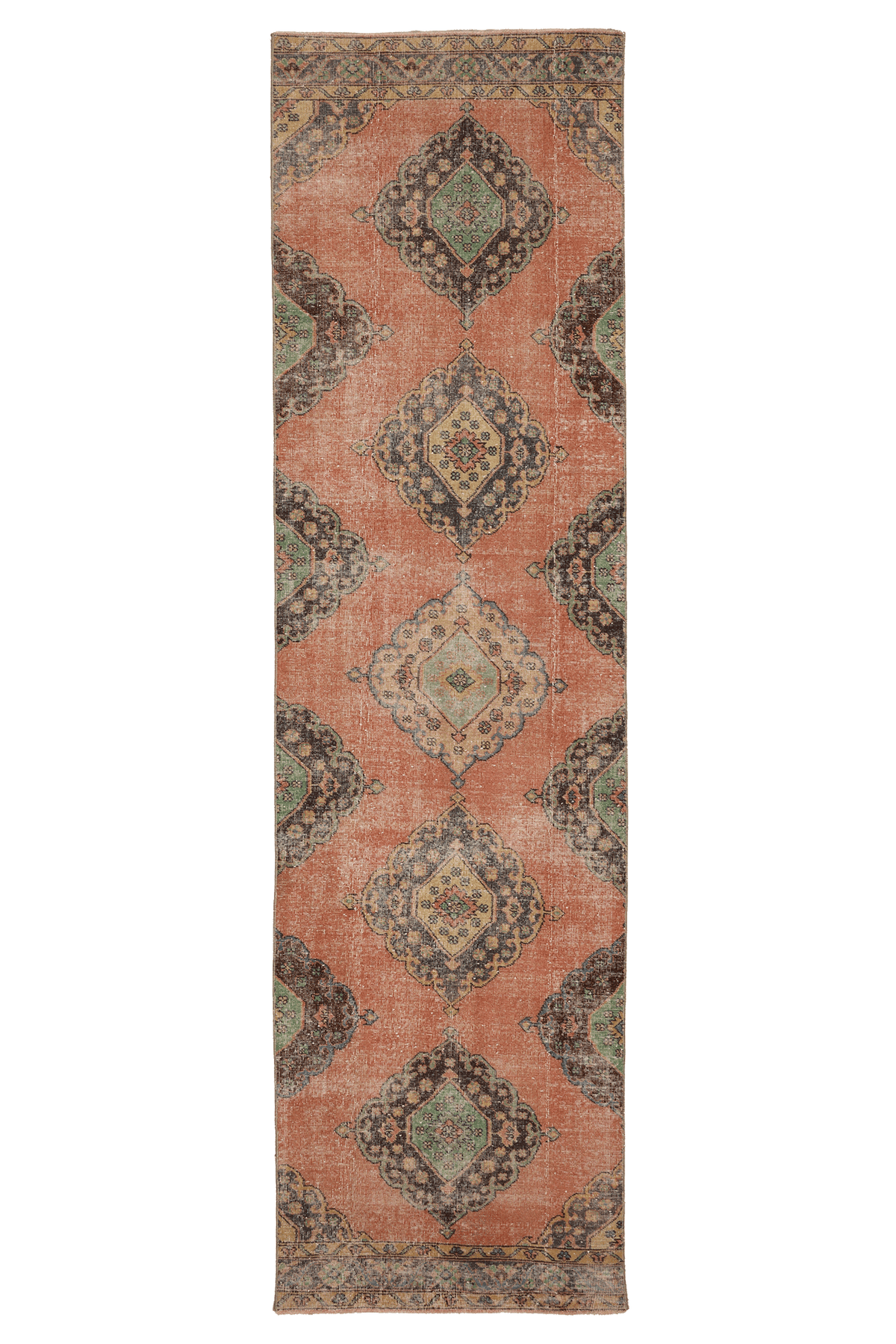 Vintage Konya Turkish Runner Rug 3x12 ft — Orange & Brown Geometric (No. 39220)