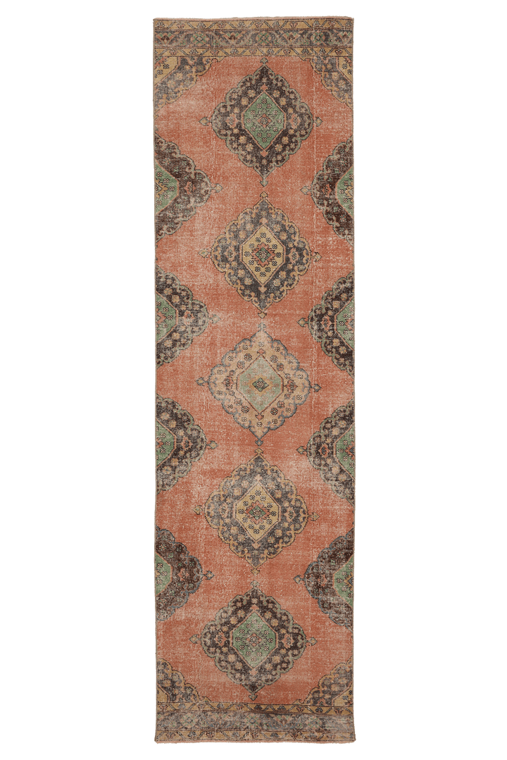 Vintage Konya Turkish Runner Rug 3x12 ft — Orange & Brown Geometric (No. 39220)