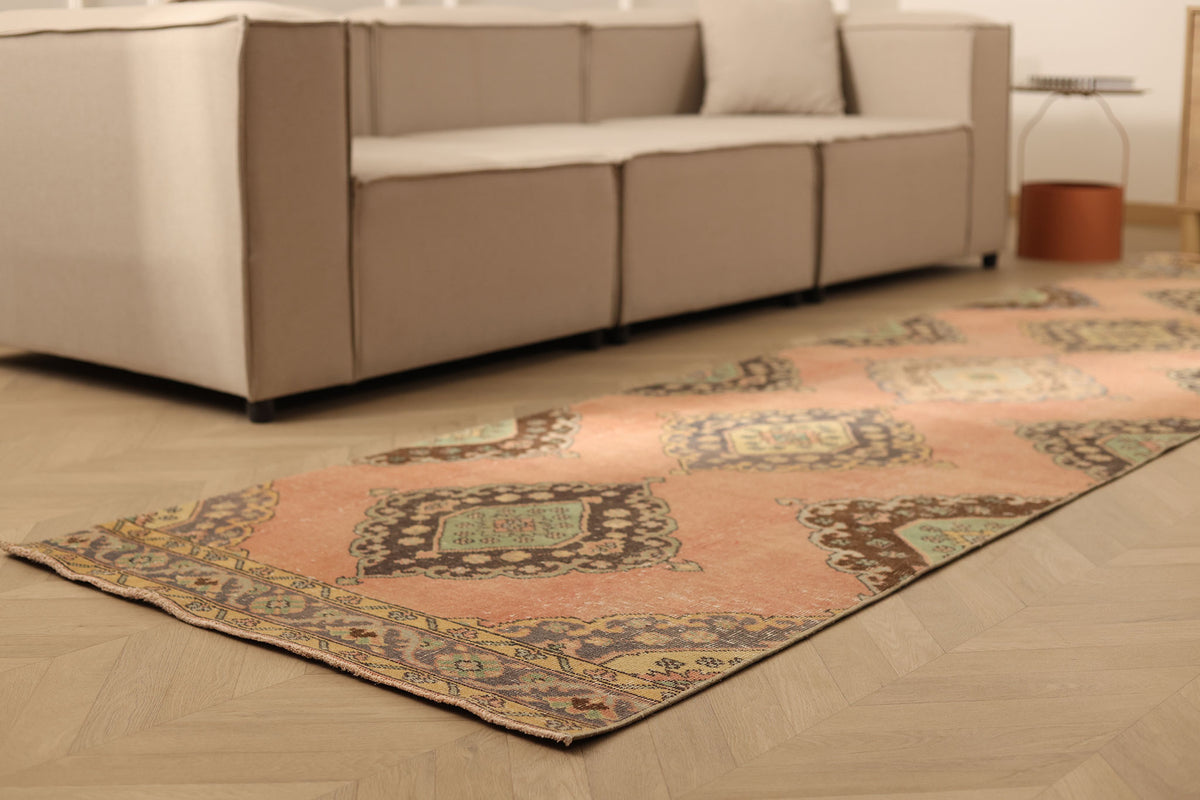 Vintage Konya Turkish Runner Rug 3x12 ft — Orange & Brown Geometric (No. 39220)