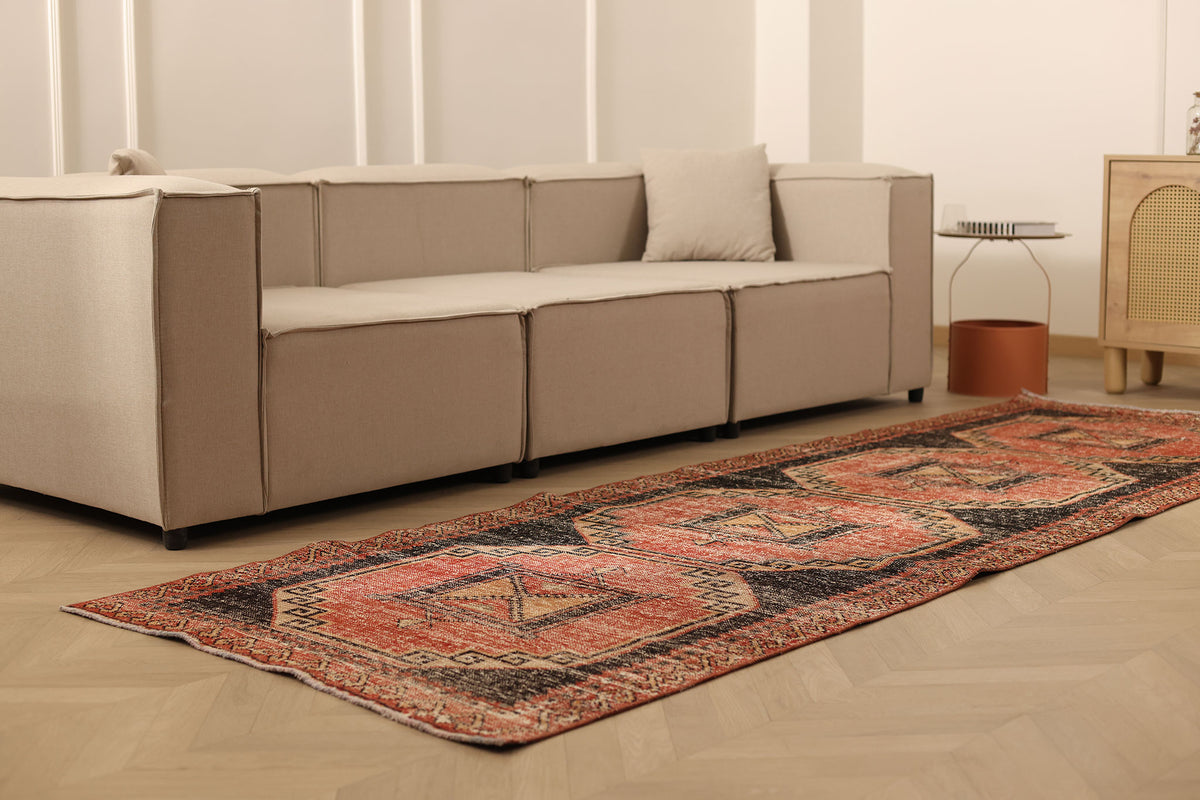 Vintage Malatya Turkish Runner Rug 3x10 ft — Red & Brown Geometric (No. 39224)
